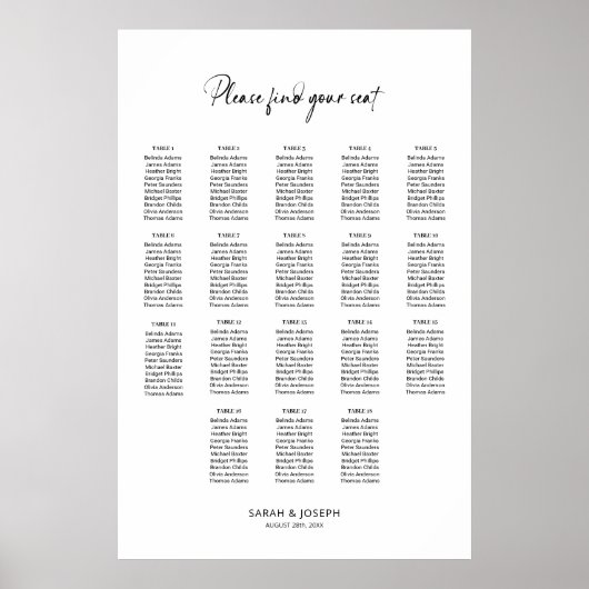 Poster Graphique de sièges Mariage simple 18 tables éléga (Devant)