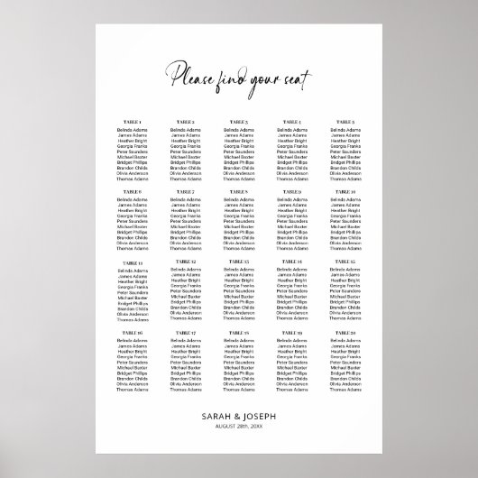 Poster Graphique de sièges Mariage simple 20 tables éléga (Devant)