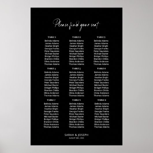 Poster Graphique de sièges Mariage simple Noir 9 tables é (Devant)