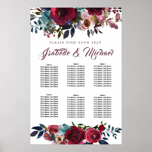 Poster Graphique de sièges Mariages à 6 tables en fleurs  (Devant)