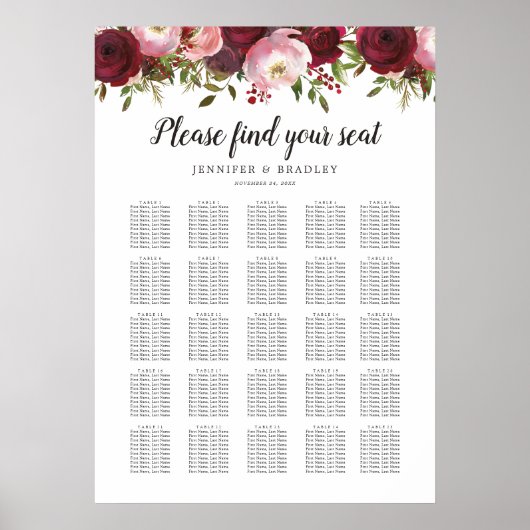 Poster Graphique de Table de Mariage Floral Bourguignon R (Devant)