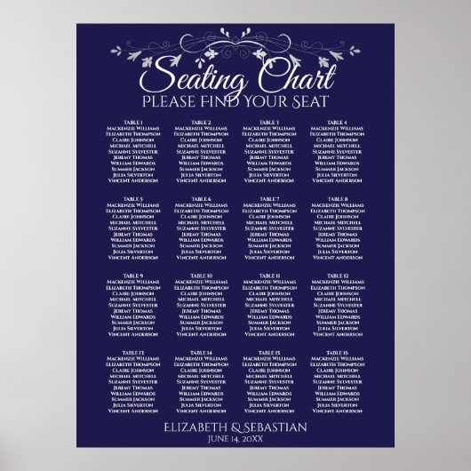 Poster Graphique de table élégant 16 mariage bleu marine (Devant)