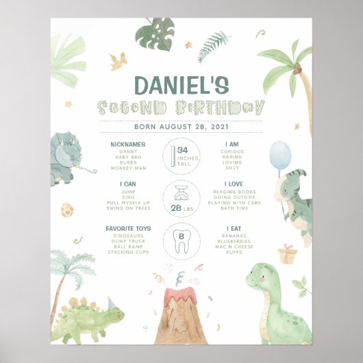 Poster Graphique d'étape du 2e anniversaire de dinosaure (Devant)