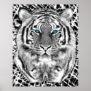 Poster Graphique noir et blanc de tigre d'yeux bleus