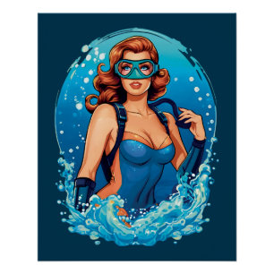 Poster Graphique vintage Design Femme Plongeur de plongée