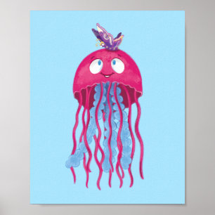 Poster Graphisme de personnage de cartoon de méduse rose 