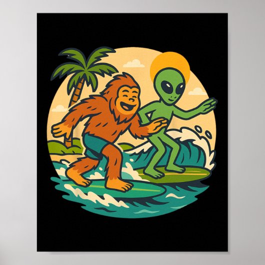 Poster Graphisme de plage de Bigfoot et d'alien faisant d (Devant)
