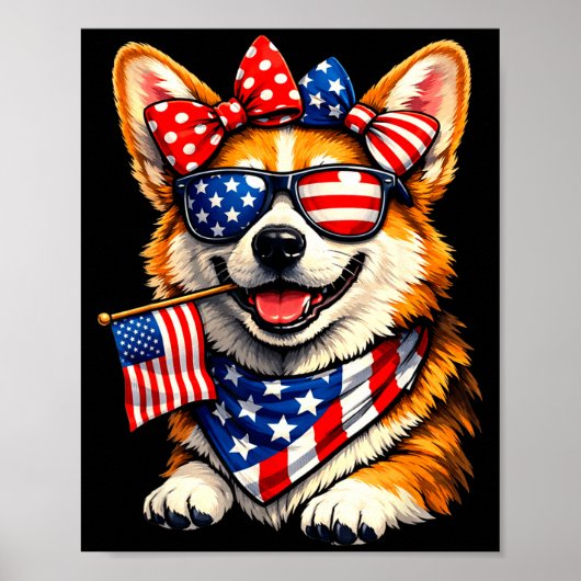 Poster Graphisme drôle de corgi patriotique avec drapeau (Devant)