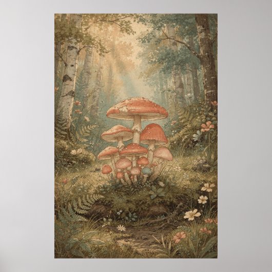Poster Grappe de champignons dans une forêt de bouleaux e (Devant)