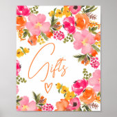 Poster Gras Orange fleurs script cadeaux douche nuptiale (Devant)