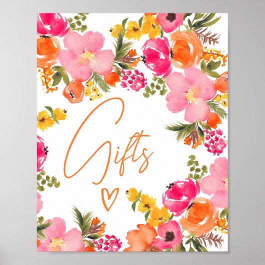 Poster Gras Orange fleurs script cadeaux douche nuptiale (Devant)
