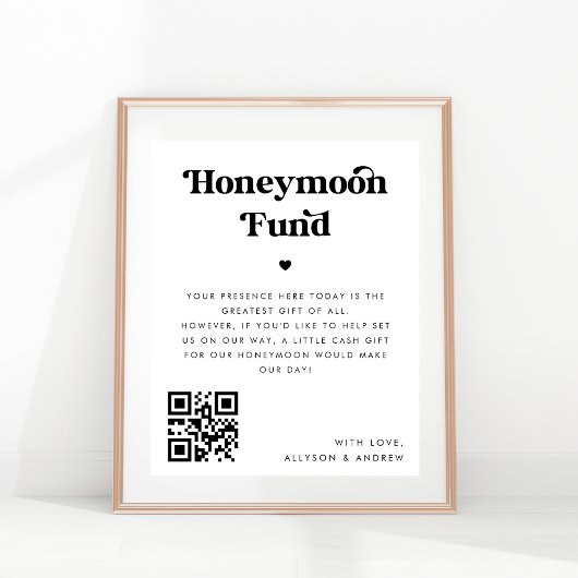 Poster Gras rétro Script coeur Honeymoon Fund Mariage