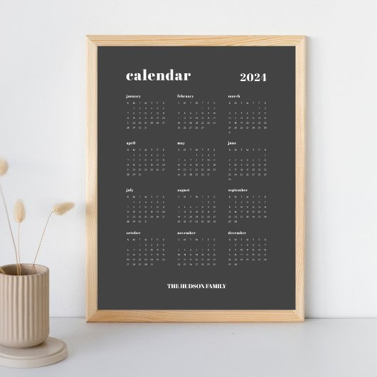 Poster Gras simple | Calendrier 2024 gris foncé et blanc