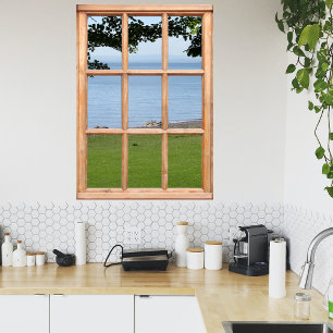 Poster Grass, Leaves and Sea View from a Window