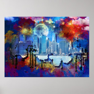 Poster gratte-ciel de NYC graffiti lune SlipperyJoe's bât
