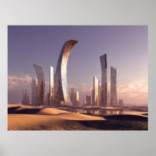 Poster Gratte-ciel surréalistes futuristes dans un paysag