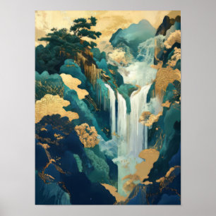 Poster Gravure de Cascade Japonaise Estampe Vintage Hokus