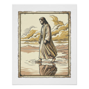 Poster Gravure de marche spirituelle vintage sur l'eau
