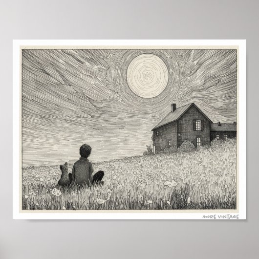 POSTER GRAVURE D'UN GARÇON ET SON CHIEN DANS UN CHAMP (Devant)