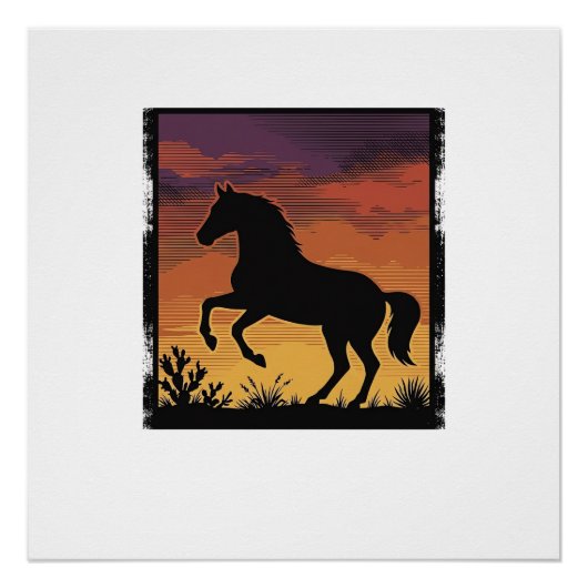 Poster Gravure occidentale silhouette de cheval au couche (Devant)