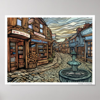 POSTER GRAVURE SUR BOIS D'UNE RUE EUROPÉENNE