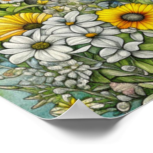 Poster Gray Kitty Chat assis en Fleurs (Coin)