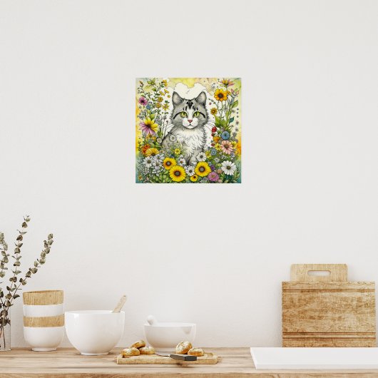 Poster Gray Kitty Chat assis en Fleurs (Cuisine)