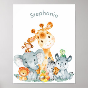 Poster Gray Mint Watercolor Cute Safari Jungle Animals
