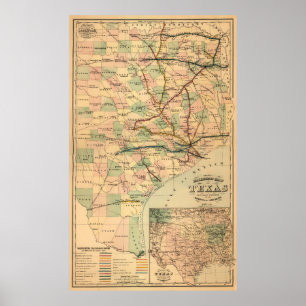 Poster Gray's Railroad Map of Texas (1877)