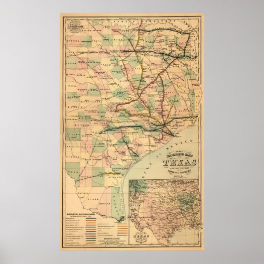 Poster Gray's Railroad Map of Texas (1877) (Devant)