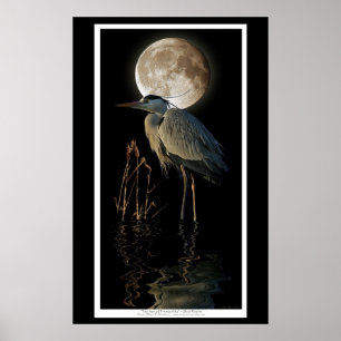 Poster Great Blue Heron, Reeds & Moon Nature Art Imprimer