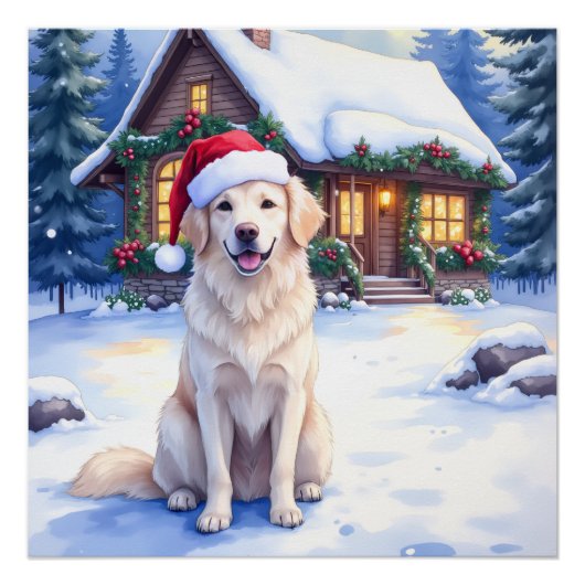 Poster Great Pyrenees Snowy Mountain Lodge Santa Hat (Devant)
