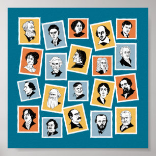 Poster Great writers, poets and playwrights on stamps-1