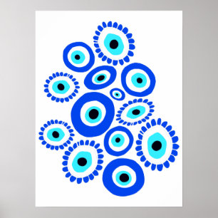 Poster Grec Evil Eye Bleu et Blanc Graphique