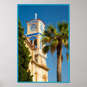 Poster Grèce - Église grecque orthodoxe avec palmier