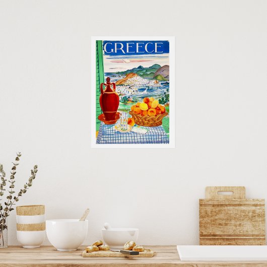 Poster Grèce, fruits sur table, fenêtre vue paysage (Cuisine)