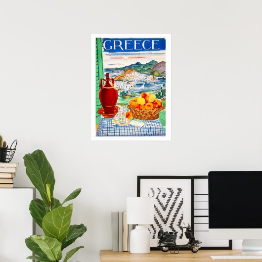 Poster Grèce, fruits sur table, fenêtre vue paysage (Bureau à domicile)
