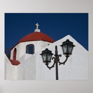Poster Grèce, Mykonos, chapelle à dôme rouge et