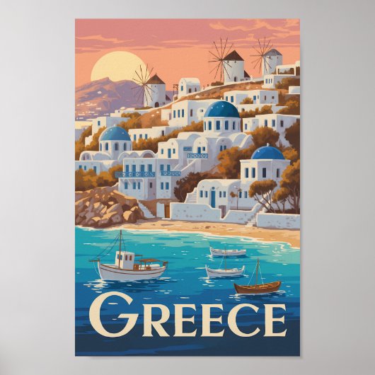Poster Grèce Mykonos Illustration Voyage Art Vintage (Devant)