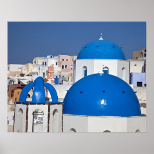 Poster Grèce, Santorin. Clocher et dômes bleus de