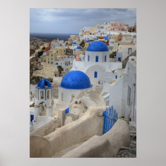 Poster Grèce, Santorin. Clocher et dômes bleus de 3 (Devant)