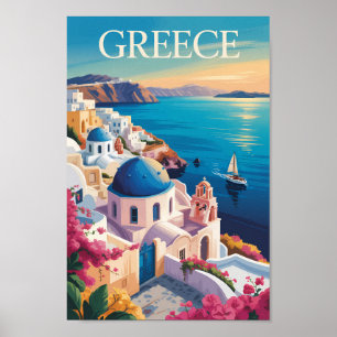 Poster Grèce Santorin Illustration Voyage Art Vintage