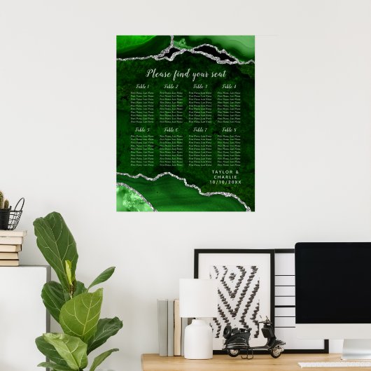 Poster Green and Silver Agate Wedding Seating Chart (Bureau à domicile)