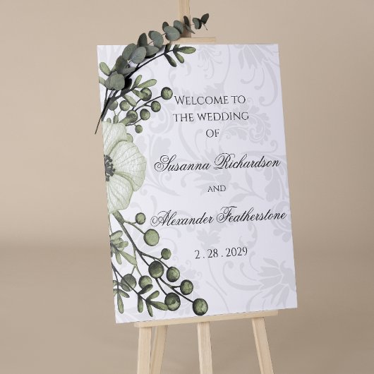 Poster Green Berry Wreath Boho Mariage damassé Bienvenue
