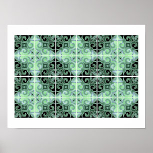 Poster Green Black Swirl Inspired by Portuguese Azulejos