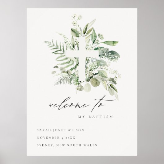 Poster Green Eucalyptus Fern Fauna Croix Baptême Bienvenu (Devant)