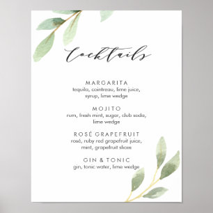 Poster Green Foliage Botanical Wedding Cocktail Menu Sign
