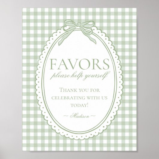 Poster Green Gingham Coquette Bow Favors Sign (Devant)