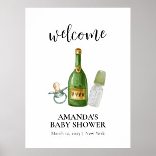 Poster Green Minimal Poppin Champagne Baby shower Bienven