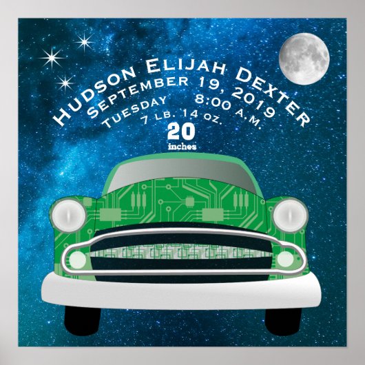 Poster Green Retro Car Bébé Garçons Birth Stat Birth Reco (Devant)